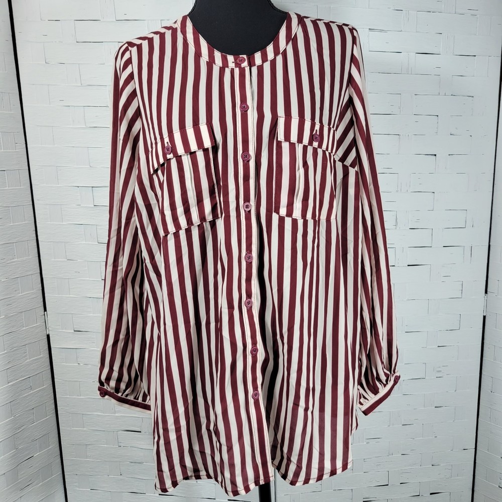 Roaman's Womens White Red Striped Long Sleeve Shirt   Size 12W